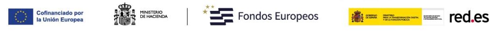 Row of partner logos for EU funding and Spanish government support, including EU flag, Ministerio de Hacienda, Fondos Europeos, Gobierno de España, red.es.