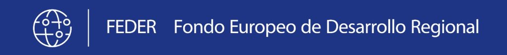 Blue banner with white globe logo and the text 'FEDER Fondo Europeo de Desarrollo Regional'.