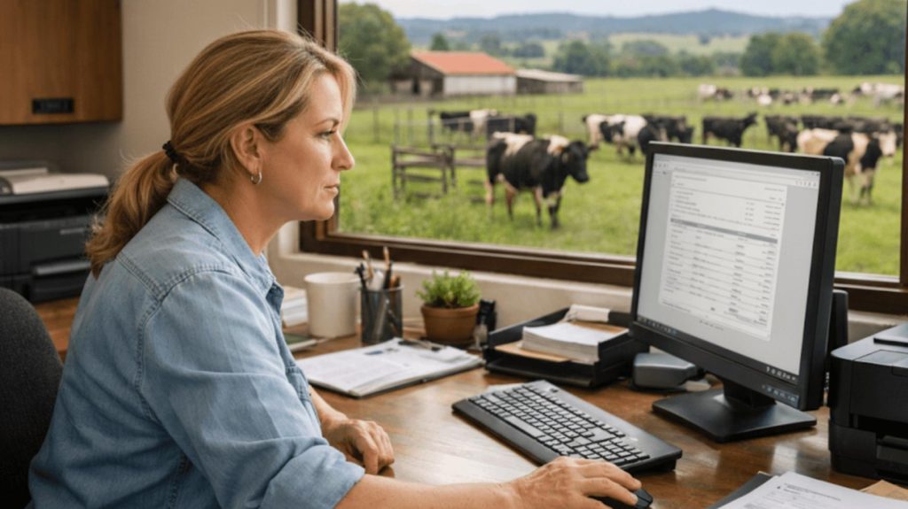 Woman in a denim shirt working at a desk with a computer, looking out at cows in a field through a large window.