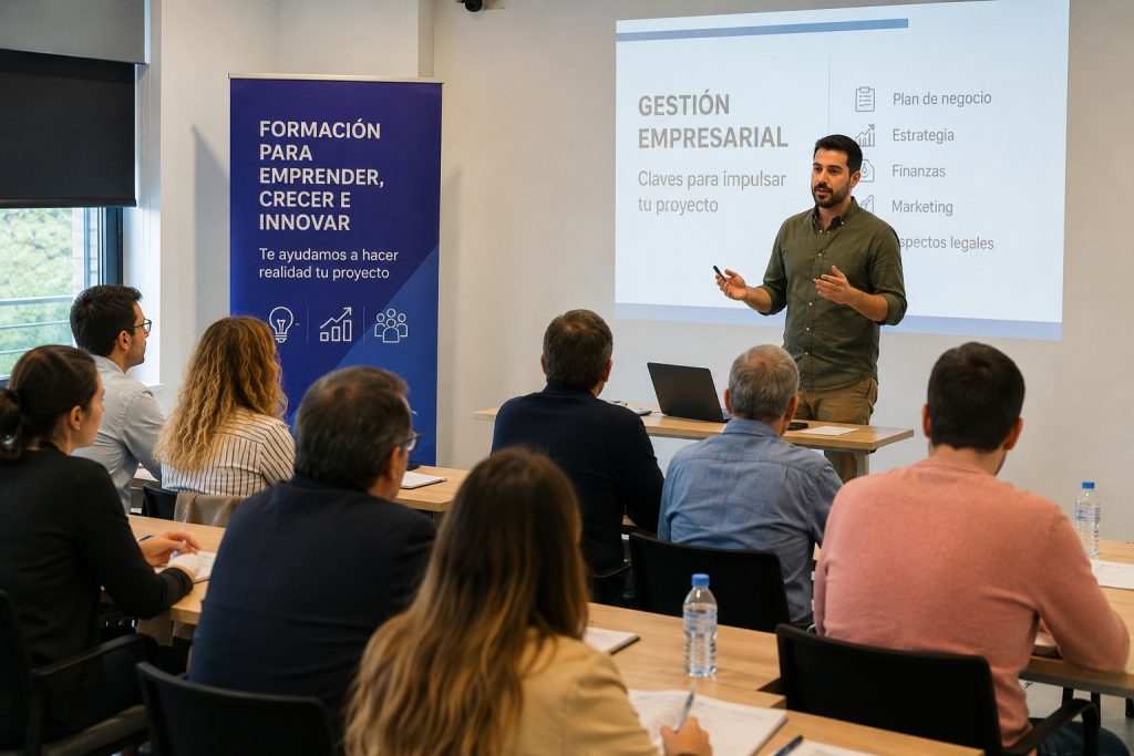 Instructor presenting a business-management slide to a room of professionals; banner reads 'FORMACIÓN PARA EMPRENDER, CRECER E INNOVAR'.